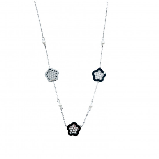 Großhändler trendiger Edelstahlschmuck, Halskette aus versilbertem Edelstahl mit Blumen und Perlen