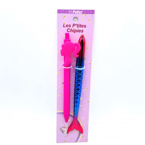 Grossiste gadget pour filles, lot stylos filles roses sirène et poupée