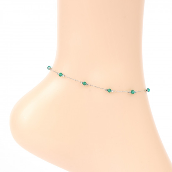 Grossiste bijoux acier inoxydable pas cher, Chaîne de cheville argenté fine perles vertes