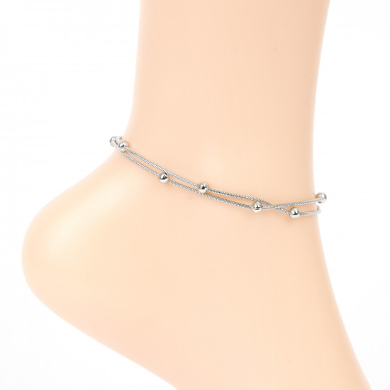 Grossiste bijoux acier inoxydable pas cher, Chaîne de cheville argenté à perles double