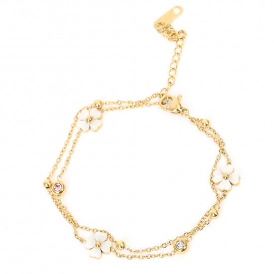 Mayorista de joyas de acero inoxidable para revendedor, Pulsera de oro flores blancas