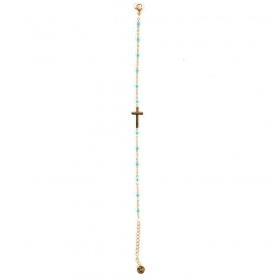 Grossiste bijoux acier inoxydable pour revendeur, Bracelet doré croix religieuse turquoise