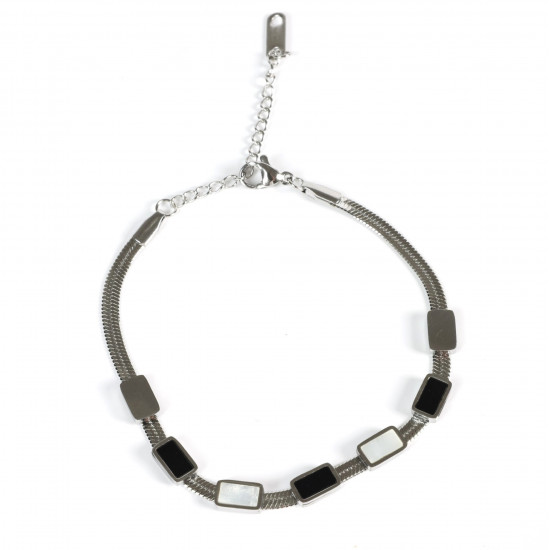 Mayorista joyas de acero inoxidable para revendedor, Pulsera plateada con strass negro y nacarado