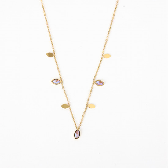 Stainless steel jewelry wholesaler, Oval pink rhinestones gold necklace