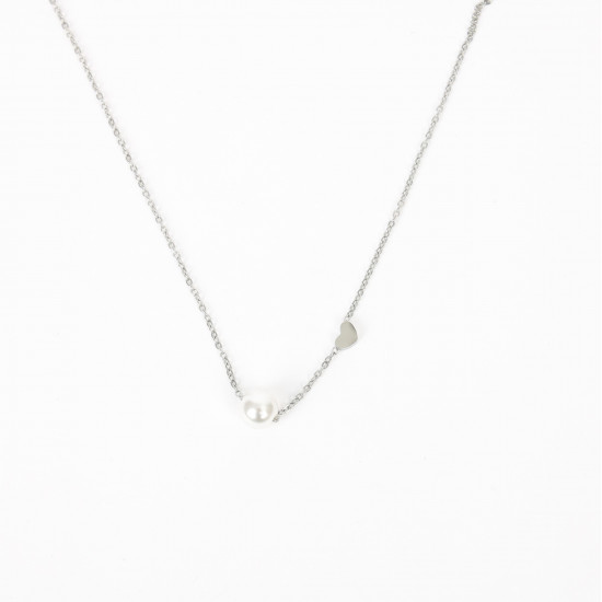 Stainless steel jewelry wholesaler, Silver necklace with white pearl and heart