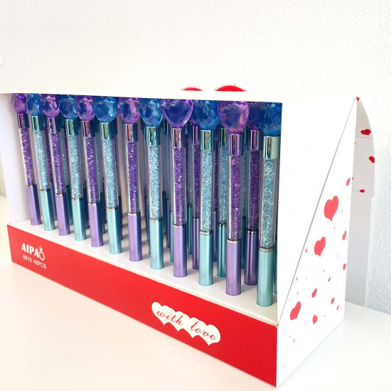 Grossiste gadget pour filles, présentoir 48 stylos cœurs strass