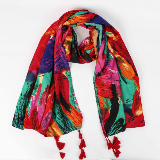 Foulard long coloré rouge pompon, fournisseur foulard Felizz