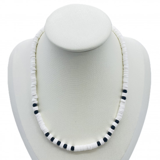 Grossista collana Francia, fine collana heishi bianco con perle nere - Felizz