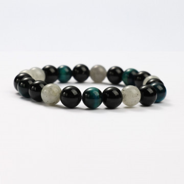 G151-28 Bracelets minéraux Œil de Tigre bleu, Obsidienne et Labradorite