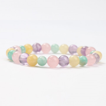 G151-49 Bracelets minéraux Quartz rose, Améthyhste, Amazonite et Calcite miel