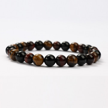 G151-82 Bracelets minéraux Œil de Tigre, de Taureau et Obsidienne