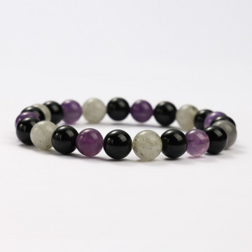 G151-85 Bracelets minéraux Améthyste, Labradorite et Obsidienne