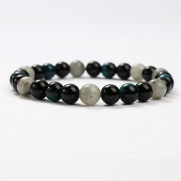 G151-86 Bracelets minéraux Œil de Tigre Bleu, Obsidienne et Labradorite