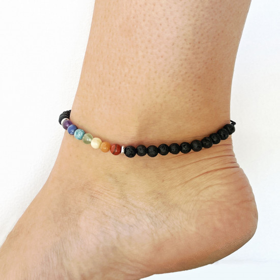 Fournisseur bijoux minéraux, Chaîne de cheville Pierre de Lave et 7 chakras