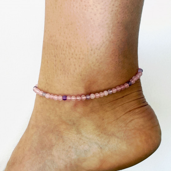Fournisseur bijoux minéraux, Chaîne de cheville Quartz rose et Améthyste