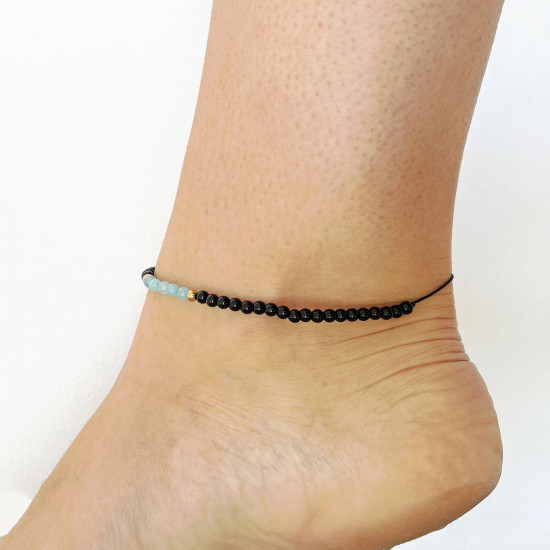Fournisseur bijoux minéraux, Chaîne de cheville Obsidienne et Amazonite