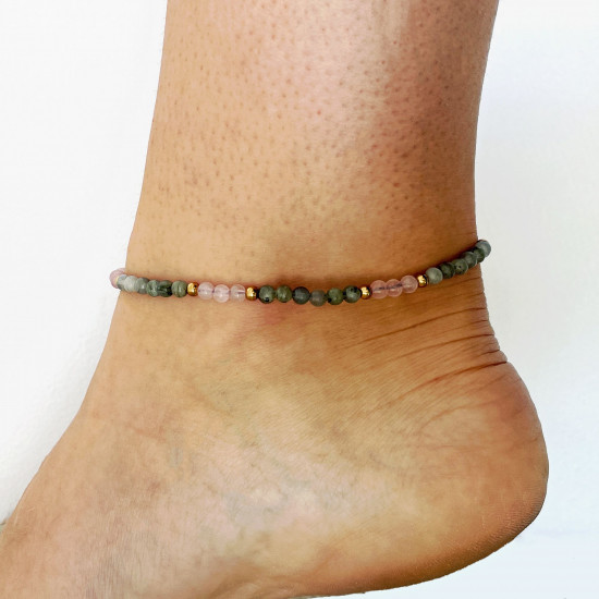 Fournisseur bijoux minéraux, Chaîne de cheville Labradorite et Quartz rose