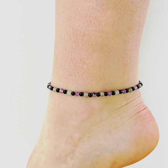 Fournisseur bijoux minéraux, Chaîne de cheville Obsidienne, Améthyste et Labradorite