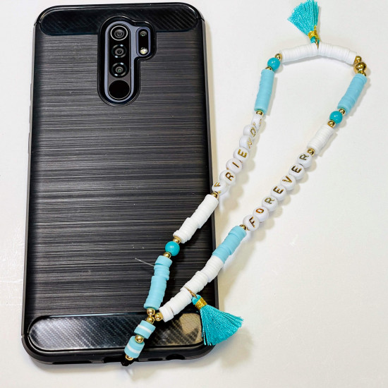 Grossiste accessoires smartphone, bijoux de téléphone "Forever friends" pompon bleu clair