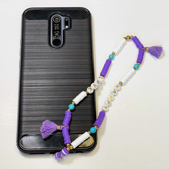 Mayorista de accesorios para smartphone, joyas para teléfono con pompón morado "Love happy