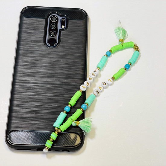 Grossiste accessoires smartphone, bijoux de téléphone "Love happy" pompon vert