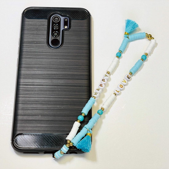 Grossista di accessori per smartphone, gioielli per telefono "Love happy" pompon blu chiaro