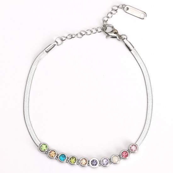 Wholesaler stainless steel jewelry for retailers, Silver plated bracelet round rhinestones multi colors