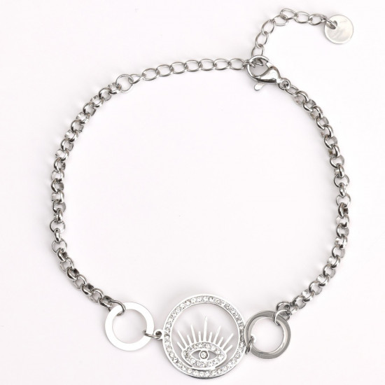 Grossiste bijoux acier inoxydable pour revendeurs, Bracelet argenté œil strass