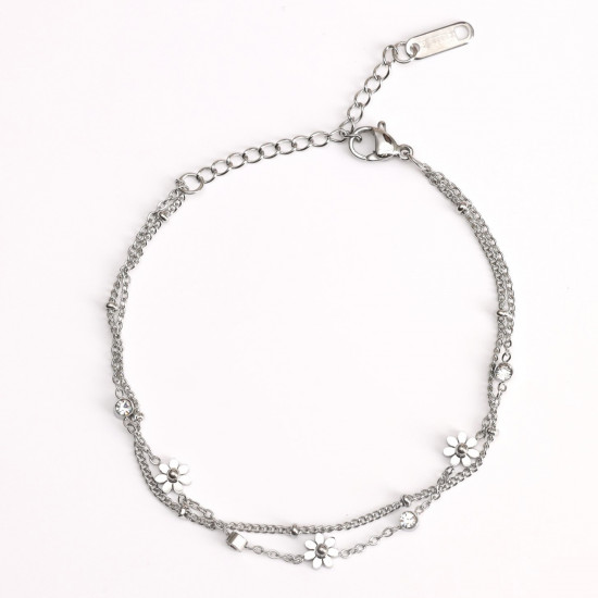 Grossiste bijoux acier inoxydable pour revendeurs, Bracelet  argenté doublé fleurs et strass