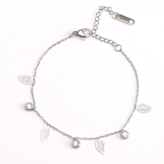 Großhändler Edelstahlschmuck für Wiederverkäufer, Silbernes Armband mit Blättern und Strasssteinen