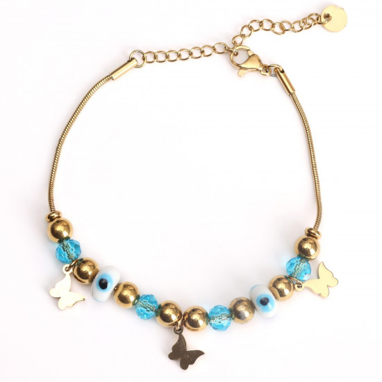 Grossiste bijoux acier inoxydable pour revendeurs, Bracelet doré papillons et perles turquoises