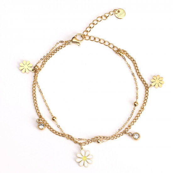 Grossiste bijoux acier inoxydable pour revendeurs, Bracelet doré fleurs et strass