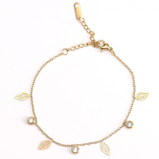 Wholesaler stainless steel jewelry for retailers, Gold plated feather and rhinestone bracelet