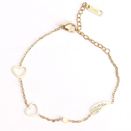Großhändler Edelstahlschmuck für Wiederverkäufer, Goldenes Armband mit Herzen und Federn