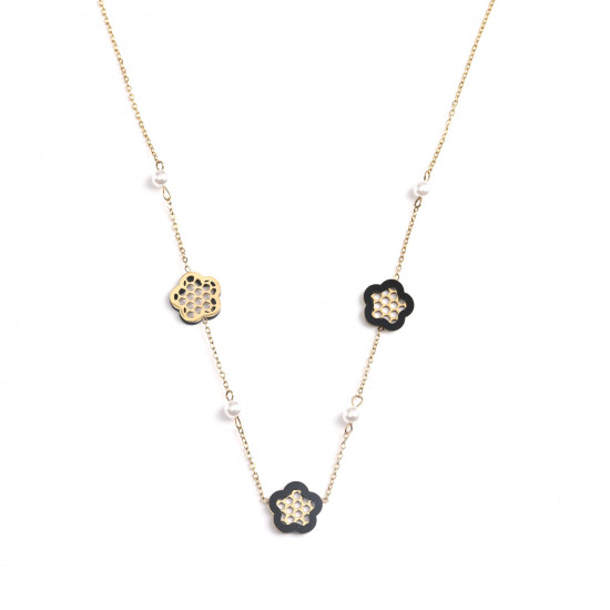 Grossista di gioielli in acciaio inox, Collana in acciaio inox con fiori dorati e perle