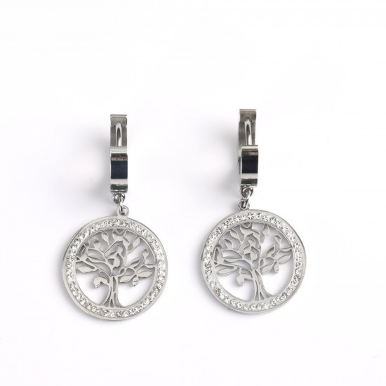 Meilleur grossiste bijoux acier inoxydable, Boucles d'oreilles acier inoxydable argenté arbre de vie strass