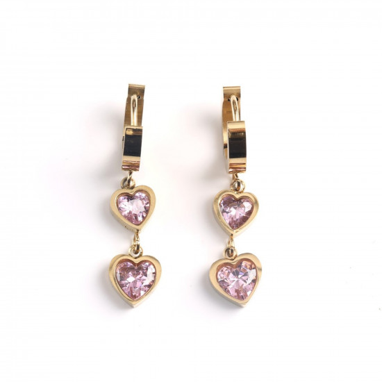 Best wholesale stainless steel jewelry, Gold-plated stainless steel earrings 2 pink rhinestone hearts