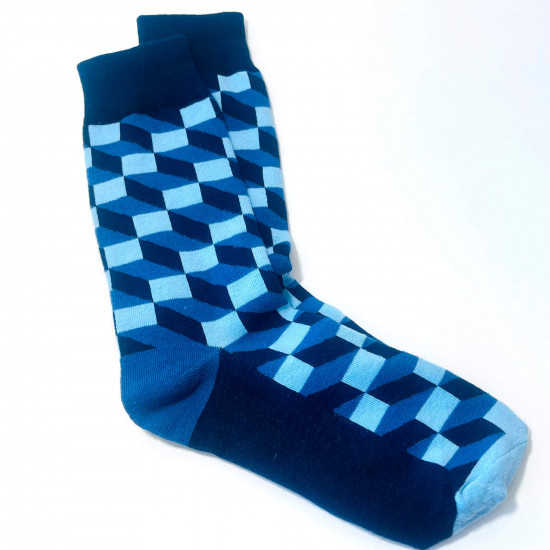 Wholesale socks, blue trompe l'oeil socks, for retailers